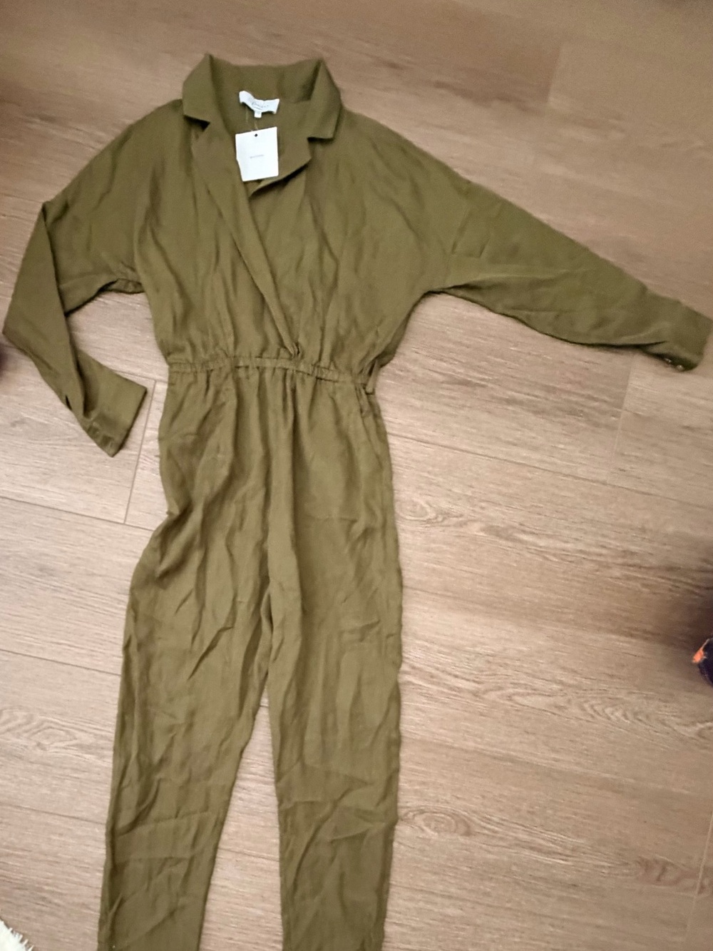 L'Academie Olive Green Long Sleeve Wrap Jumpsuit